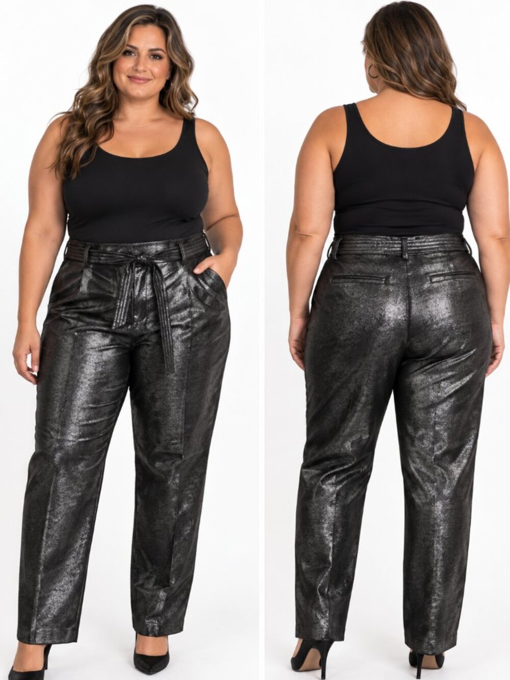 LOFT Women's Size 14 Pants Black Silver Straight Leg Tie Belt Holidays